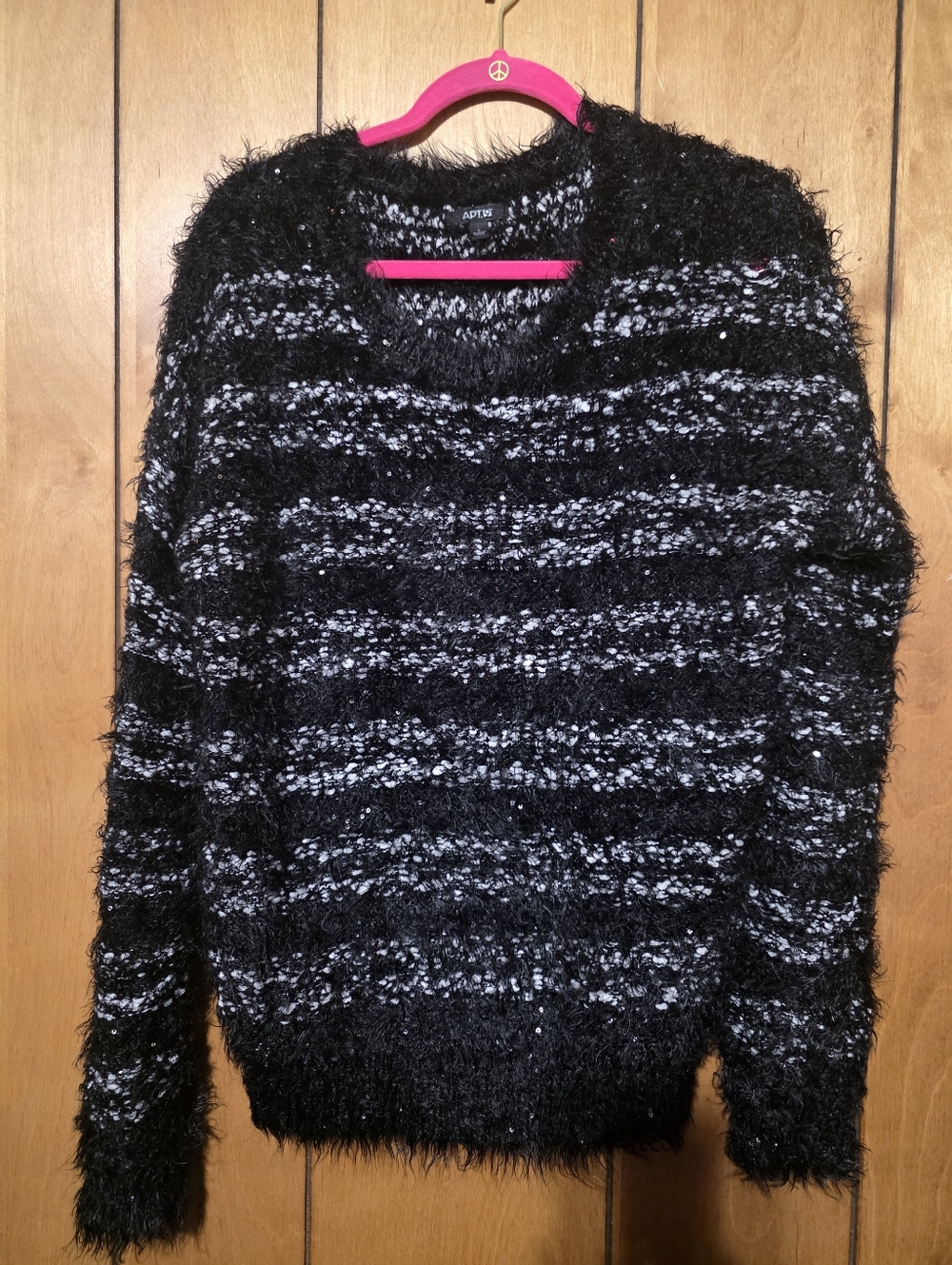 Apt. 9 Black & Gray Fuzzy Striped Crewneck Sweater With Sequins- Size Large